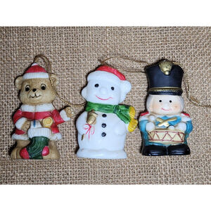 Vintage Hand Painted Ceramic Christmas Ornaments Santa Bear Snowman Drummer Boy